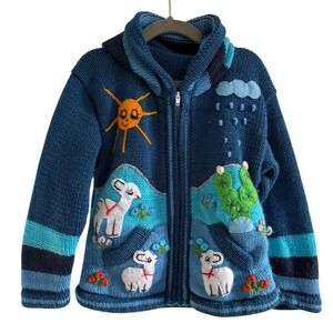 Kids Whimsical Blue Knit Hooded Jacket Llama Cactus Sun Rain Applique Zipper